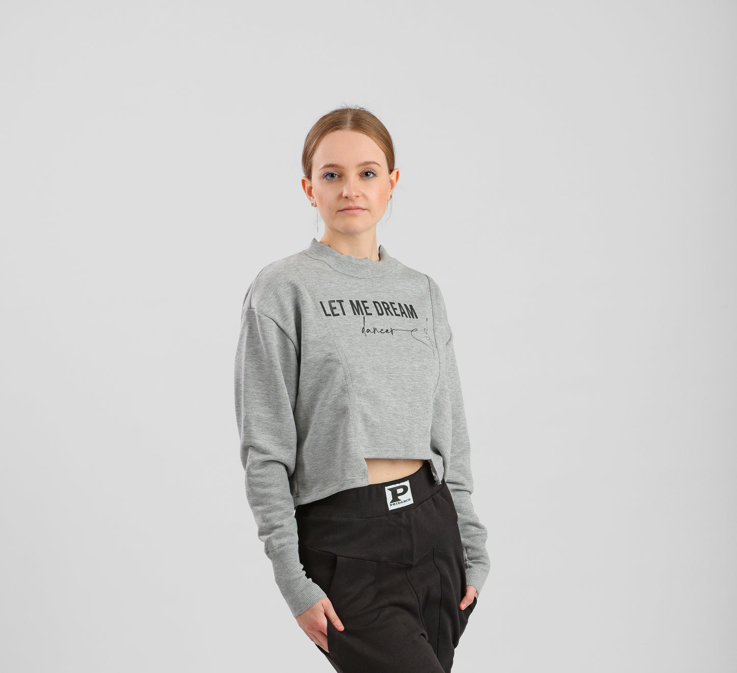Sweat court de danse PriDance – Gris non brossé, imprimé "LET ME DREAM DANCER" (164)