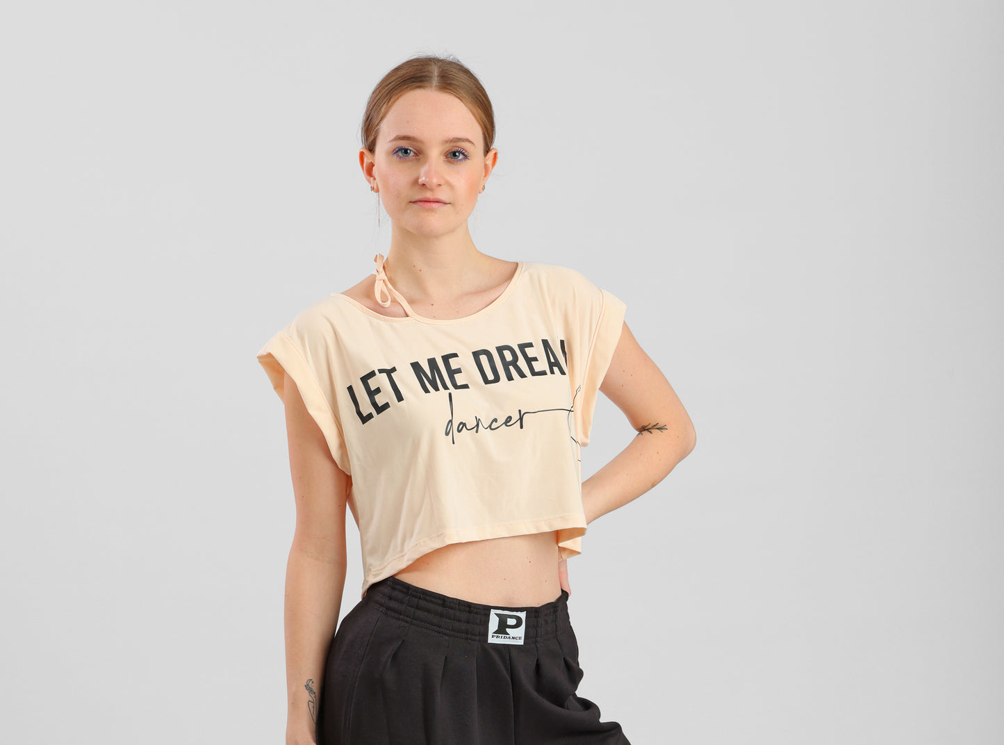 Crop top de danse nude PriDance – Tissu doux effet viscose, manches courtes (172)